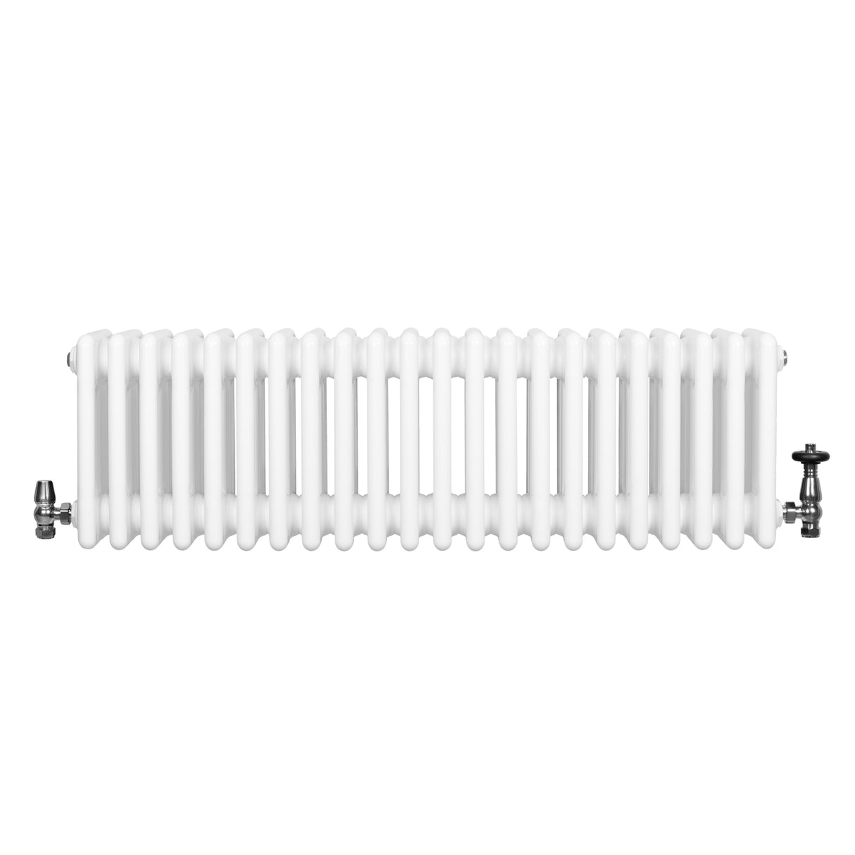 Radiador tradicional branco de 4 colunas, com acabamento liso e válvulas metálicas, ideal para aquecimento eficiente em ambientes variados