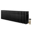 Radiador tradicional preto de 4 colunas, 300 x 1010 mm, com válvulas de metal dourado, superfície lisa e acabamento elegante