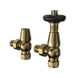 Válvulas de radiador em metal dourado com detalhes em preto, apresentando formas arredondadas e acabamento brilhante, ideal para aquecimento