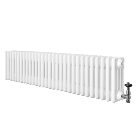 Radiador tradicional branco de 4 colunas, 300 x 1370 mm, com válvulas, apresentando acabamento liso e design elegante e funcional
