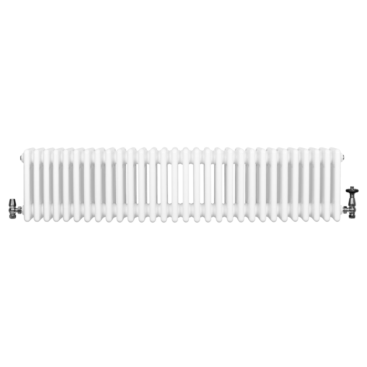 Radiador tradicional de 4 colunas, acabamento branco, com válvulas, medindo 300 x 1370 mm, ideal para aquecimento eficiente e decorativo