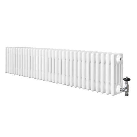 Radiador tradicional branco de 4 colunas, 300 x 1505 mm, com válvulas, superfície lisa e acabamento brilhante, ideal para aquecimento