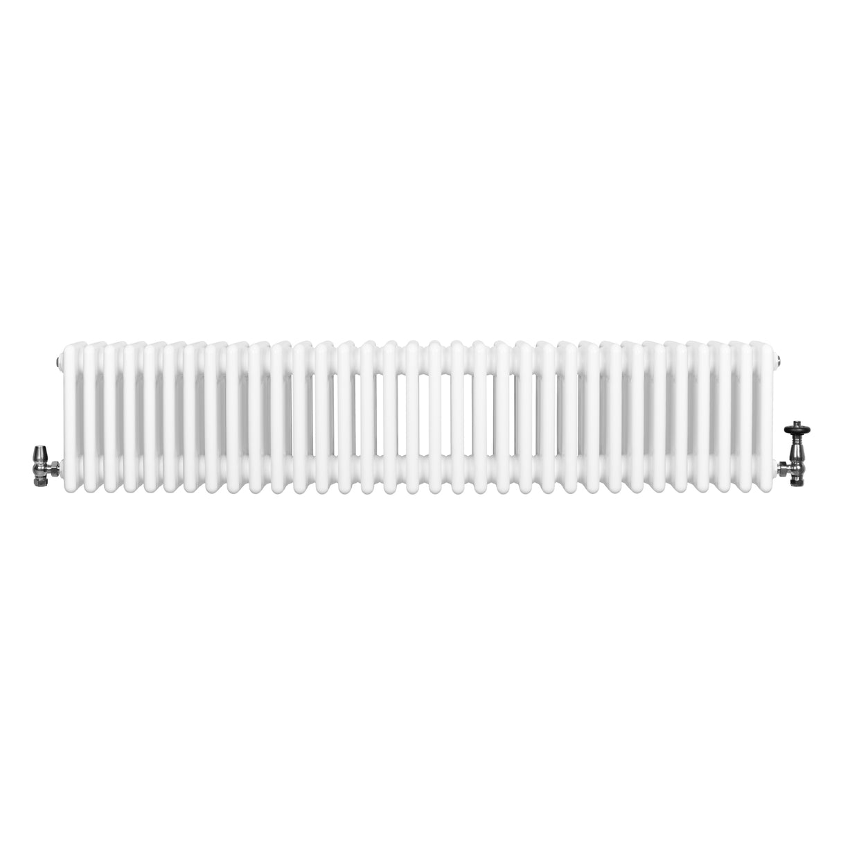 Radiador tradicional branco de 4 colunas, 300 x 1505 mm, com acabamento liso e válvulas laterais em metal, ideal para aquecimento