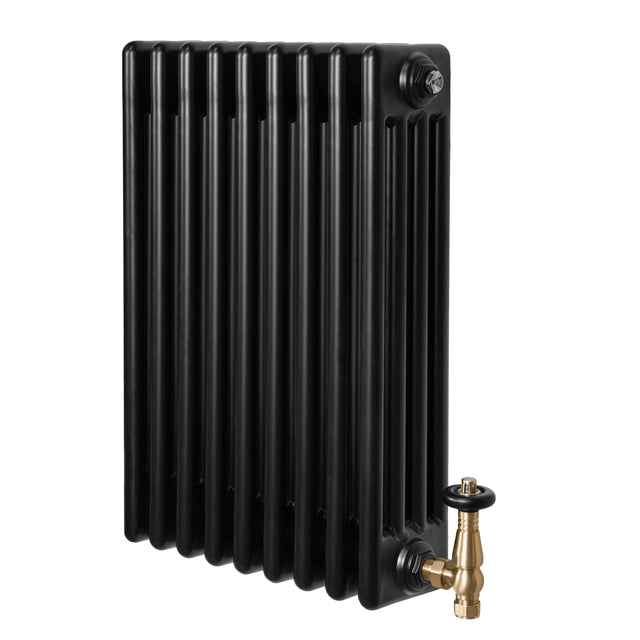 Radiador tradicional de 4 colunas, acabamento preto, com válvulas de metal dourado, design robusto e elegante, ideal para aquecimento