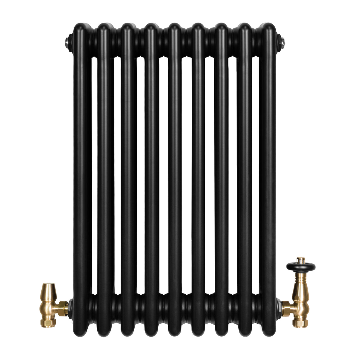 Radiador tradicional preto de 4 colunas, com acabamento liso e válvulas de metal dourado, ideal para aquecimento eficiente