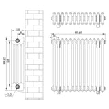 Radiador tradicional de 4 colunas em cinza antracite, com dimensões de 600 x 605 mm e válvulas, ideal para aquecimento eficiente