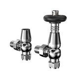 Válvulas cromadas para radiador, com acabamento brilhante e design moderno, ideal para instalação em sistemas de aquecimento