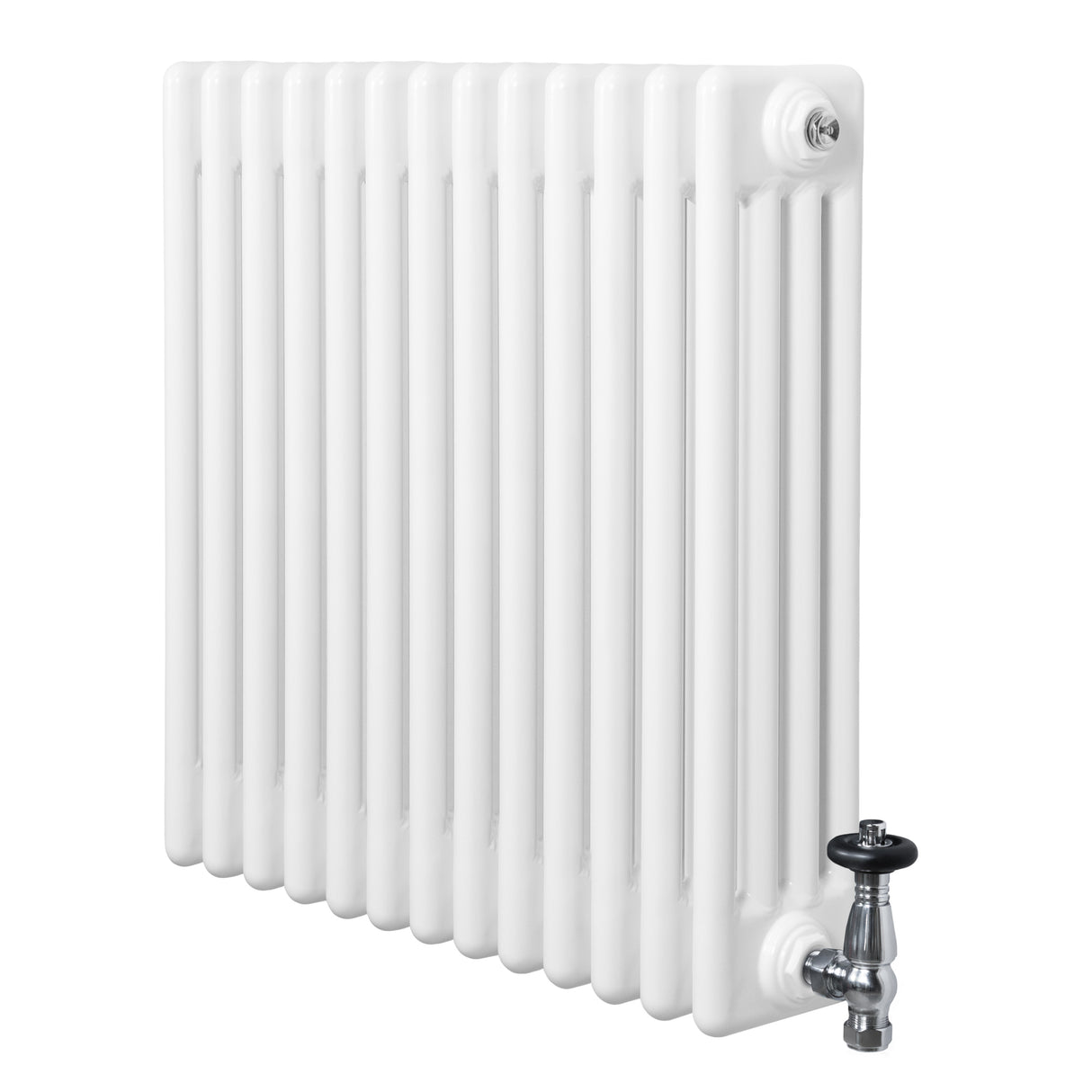 Radiador tradicional branco de 4 colunas, com acabamento liso e válvulas metálicas, ideal para aquecer ambientes com estilo