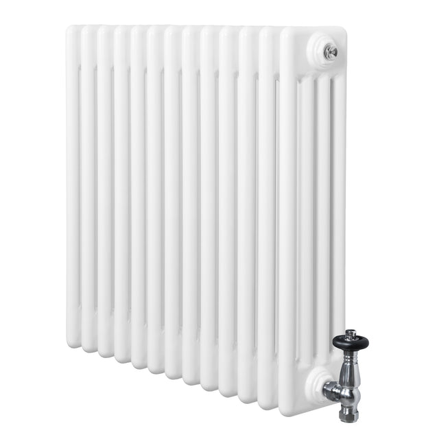 Radiador tradicional branco de 4 colunas, com acabamento liso e válvulas metálicas, ideal para aquecer ambientes com estilo