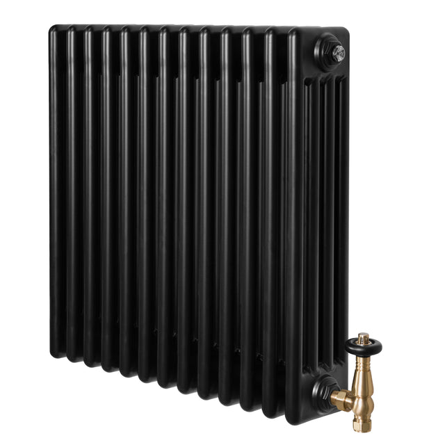Radiador tradicional de 4 colunas em preto, com acabamento liso e válvulas de metal dourado, ideal para aquecimento eficiente
