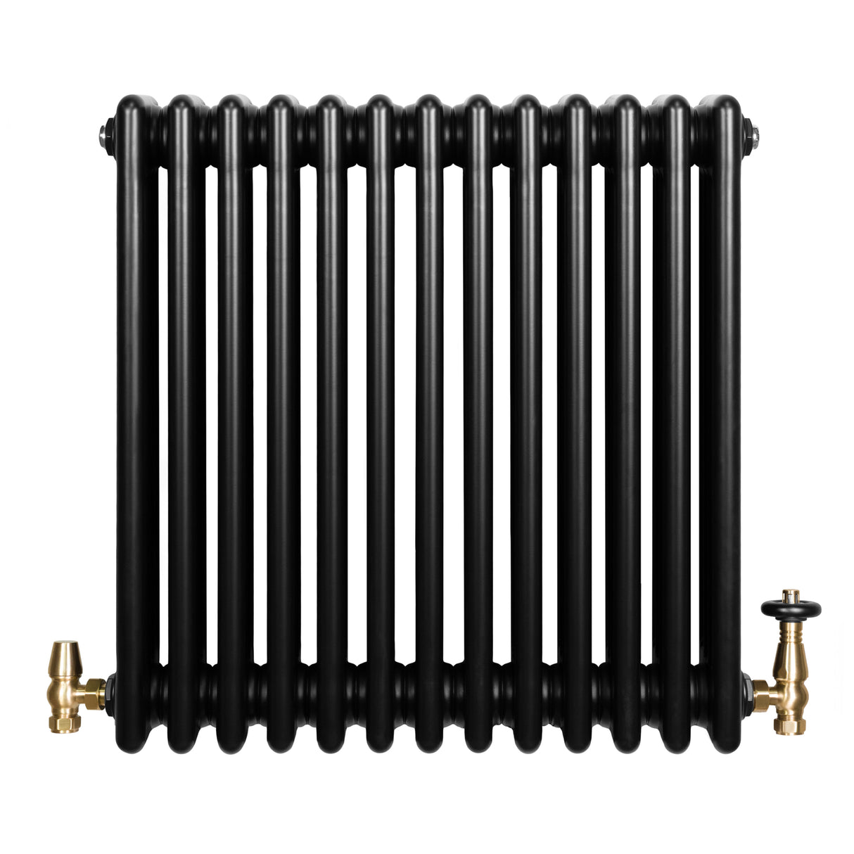 Radiador tradicional de 4 colunas, acabamento preto brilhante, com válvulas de metal dourado, design robusto e elegante
