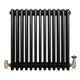 Radiador tradicional de 4 colunas, acabamento preto brilhante, com válvulas de metal dourado, design robusto e elegante