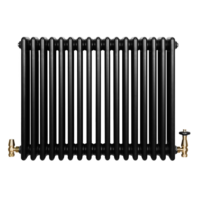 Radiador tradicional de 4 colunas, acabamento preto brilhante, com válvulas de metal dourado, design elegante e robusto