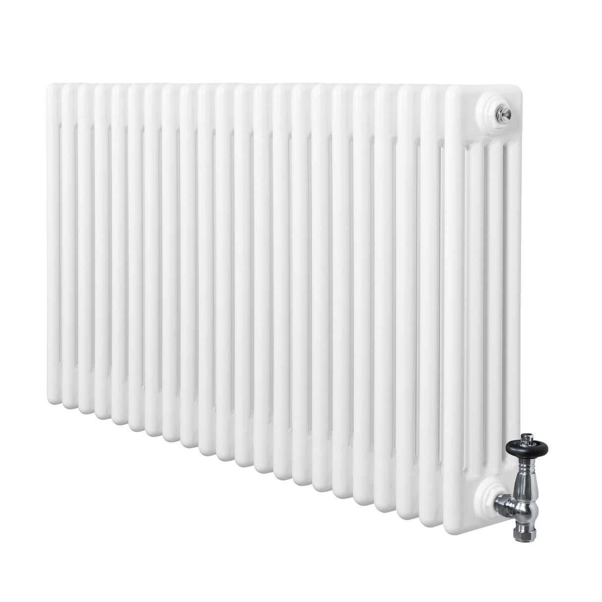 Radiador tradicional de 4 colunas, acabamento branco brilhante, com válvulas metálicas, ideal para aquecimento de ambientes