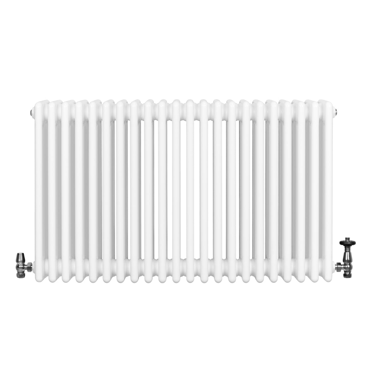 Radiador tradicional branco de 4 colunas, com acabamento liso e válvulas laterais, ideal para aquecimento eficiente em ambientes