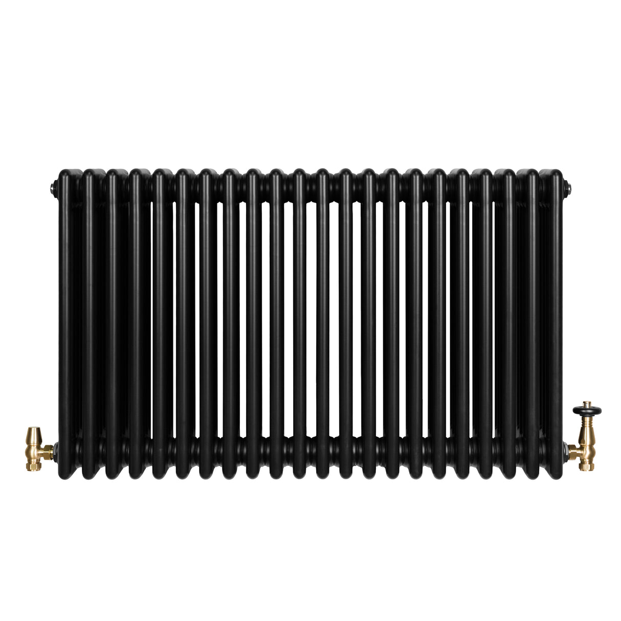 Radiador tradicional de 4 colunas, acabamento preto, com válvulas douradas, ideal para aquecimento eficiente e elegante em ambientes diversos