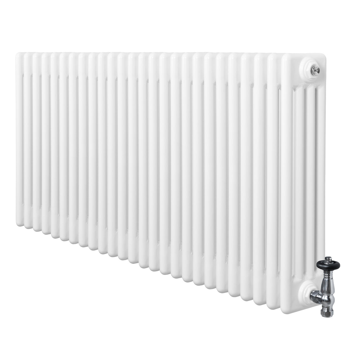 Radiador tradicional de 4 colunas, 600 x 1190 mm, acabamento branco brilhante, com válvulas cromadas e design elegante e funcional