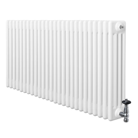 Radiador tradicional de 4 colunas, 600 x 1190 mm, acabamento branco brilhante, com válvulas cromadas e design elegante e funcional
