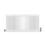 Radiador tradicional branco de 4 colunas, com acabamento liso e válvulas laterais, ideal para aquecimento eficiente e elegante