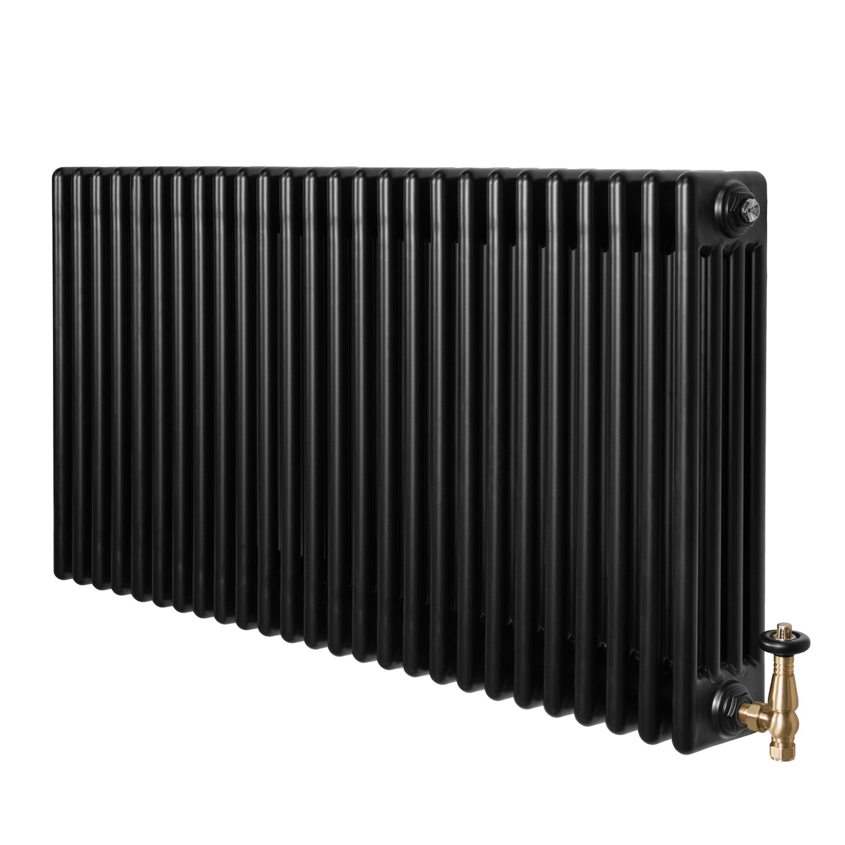 Radiador tradicional preto de 4 colunas, com acabamento liso e válvulas de bronze, ideal para aquecimento eficiente e elegante