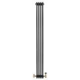 Radiador tradicional preto de 4 colunas, com válvulas de bronze, design elegante e acabamento liso, ideal para aquecimento interno