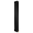 Radiador tradicional preto de 4 colunas, 1800 x 290 mm, com acabamento liso e válvulas em metal dourado, ideal para aquecimento eficiente
