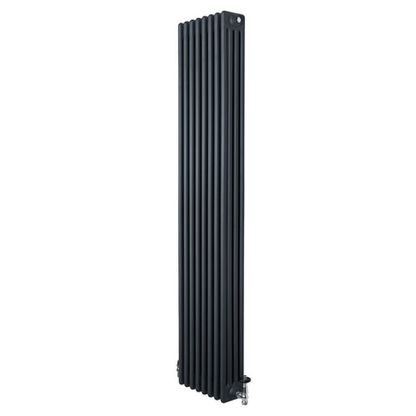 Radiador tradicional de 4 colunas, cinza antracite, com acabamento liso e válvulas, ideal para aquecimento em ambientes modernos