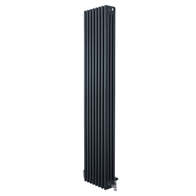 Radiador tradicional de 4 colunas, cinza antracite, com acabamento liso e válvulas, ideal para aquecimento em ambientes modernos