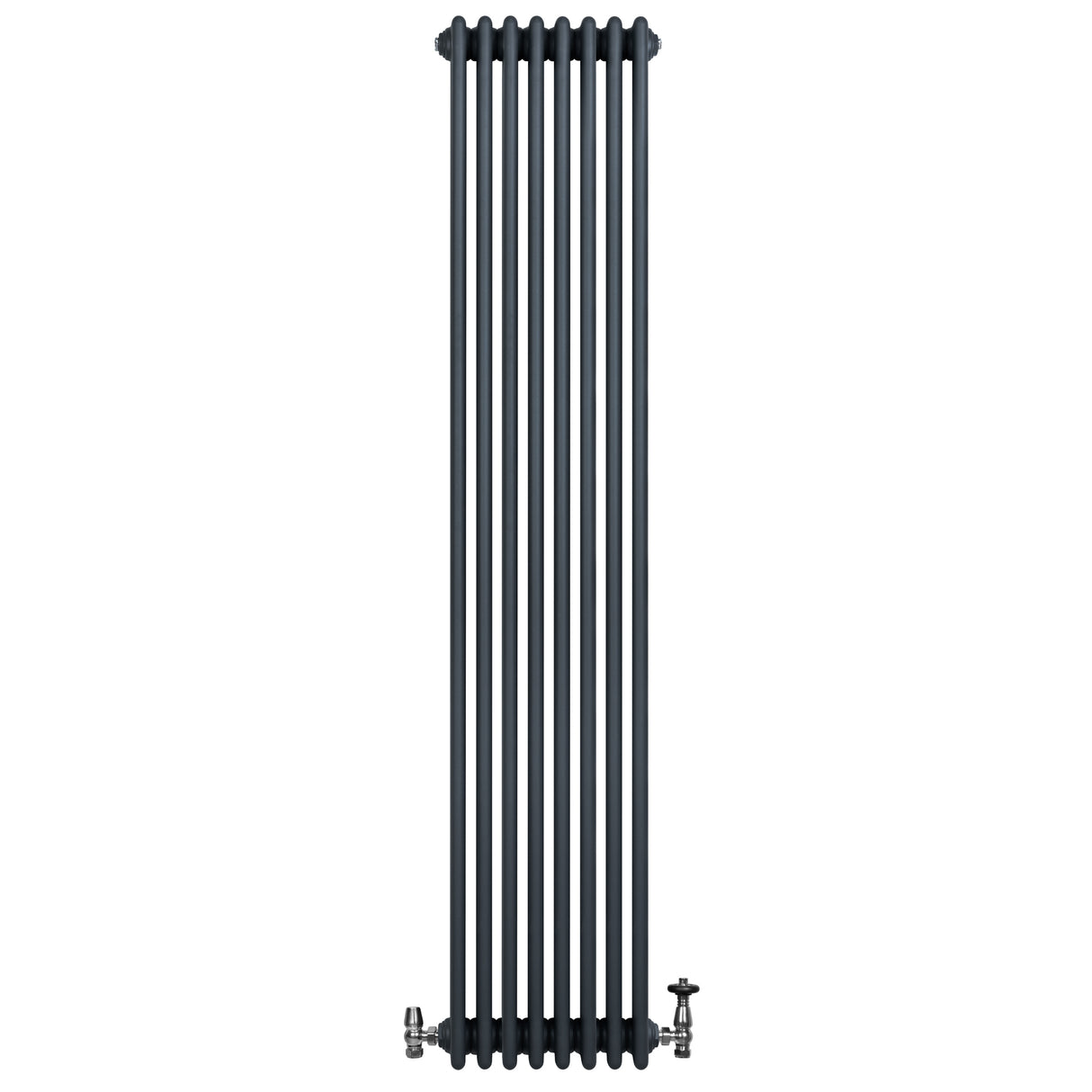 Radiador tradicional de 4 colunas em cinza antracite, com acabamento liso e válvulas, medindo 1800 x 380 mm, ideal para aquecimento