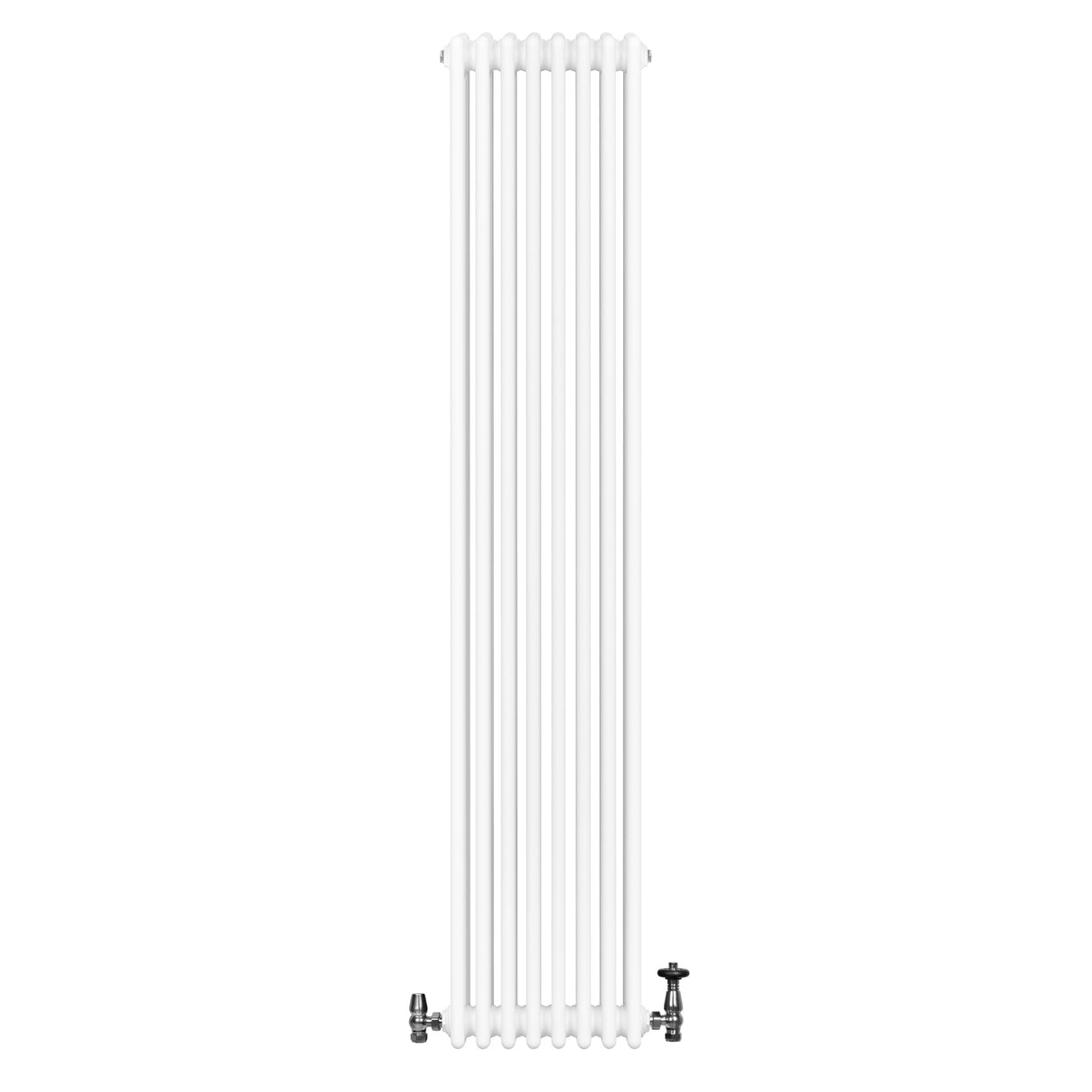 Radiador tradicional de 4 colunas em branco, com acabamento liso e válvulas, ideal para aquecimento de ambientes pequenos e elegantes