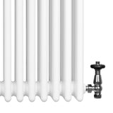 Radiador tradicional branco de 4 colunas, com acabamento liso e válvula metálica preta, ideal para aquecimento eficiente e elegante