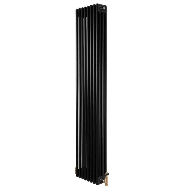 Radiador tradicional preto de 4 colunas, 1800 x 380 mm, com válvulas, apresentando acabamento liso e design elegante e moderno