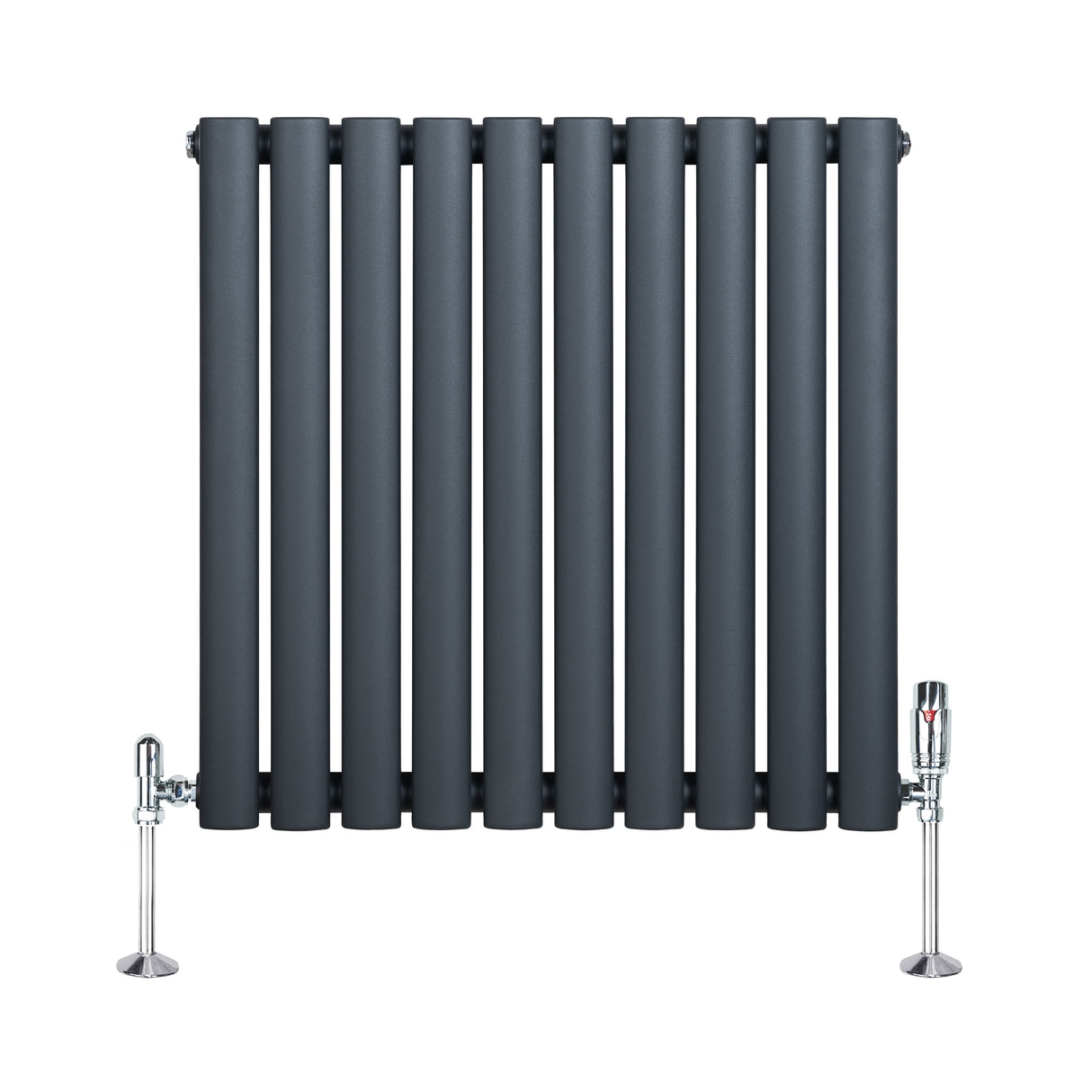 Radiador de coluna simples oval cinza antracite com válvulas, apresentando acabamento liso e design moderno, ideal para aquecimento eficiente