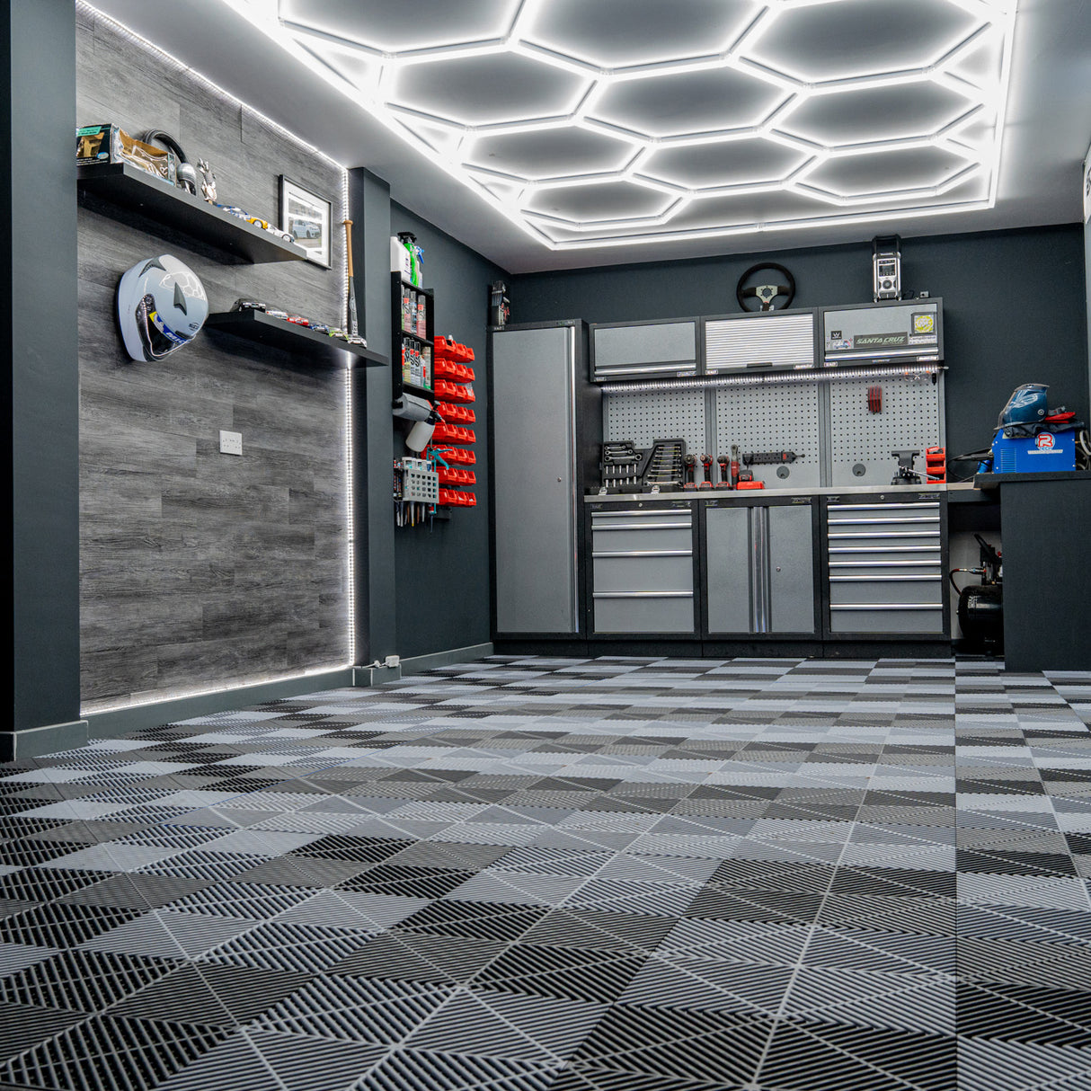 Placas de Polipropileno (120 un) com Bordas - Preto(60) e Cinza(60) + Luz LED Hexagonal para Teto