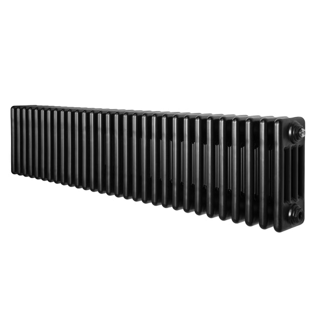 Radiador tradicional de 4 colunas em preto, com acabamento liso e formato alongado, ideal para aquecimento de ambientes