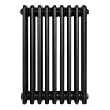 Radiador tradicional preto de 4 colunas, com acabamento liso e brilhante, ideal para aquecimento eficiente e elegante em ambientes