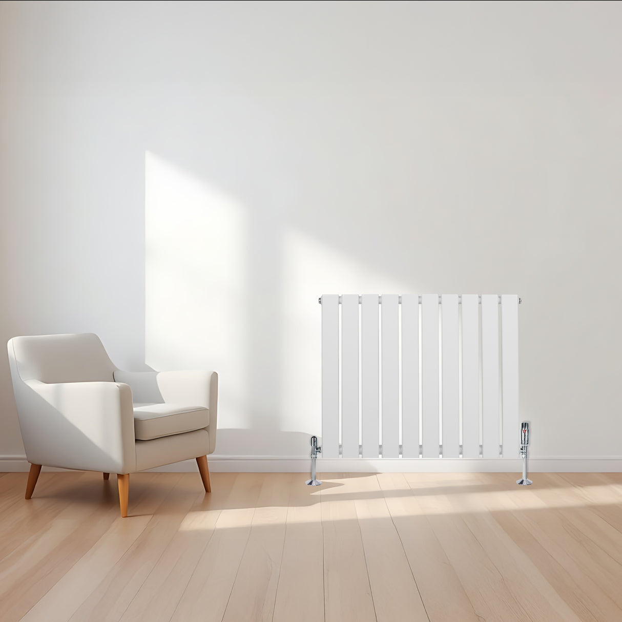 Radiador plano de coluna simples branco, com design elegante e moderno, instalado em ambiente minimalista com cadeira aconchegante