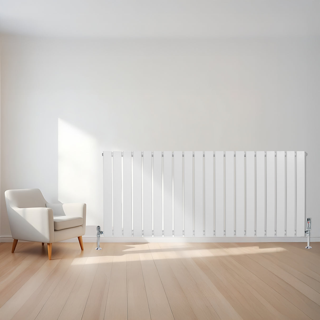 Radiador de coluna única branco de 600 mm x 1400 mm, com design elegante e moderno, instalado em ambiente minimalista com piso de madeira clara
