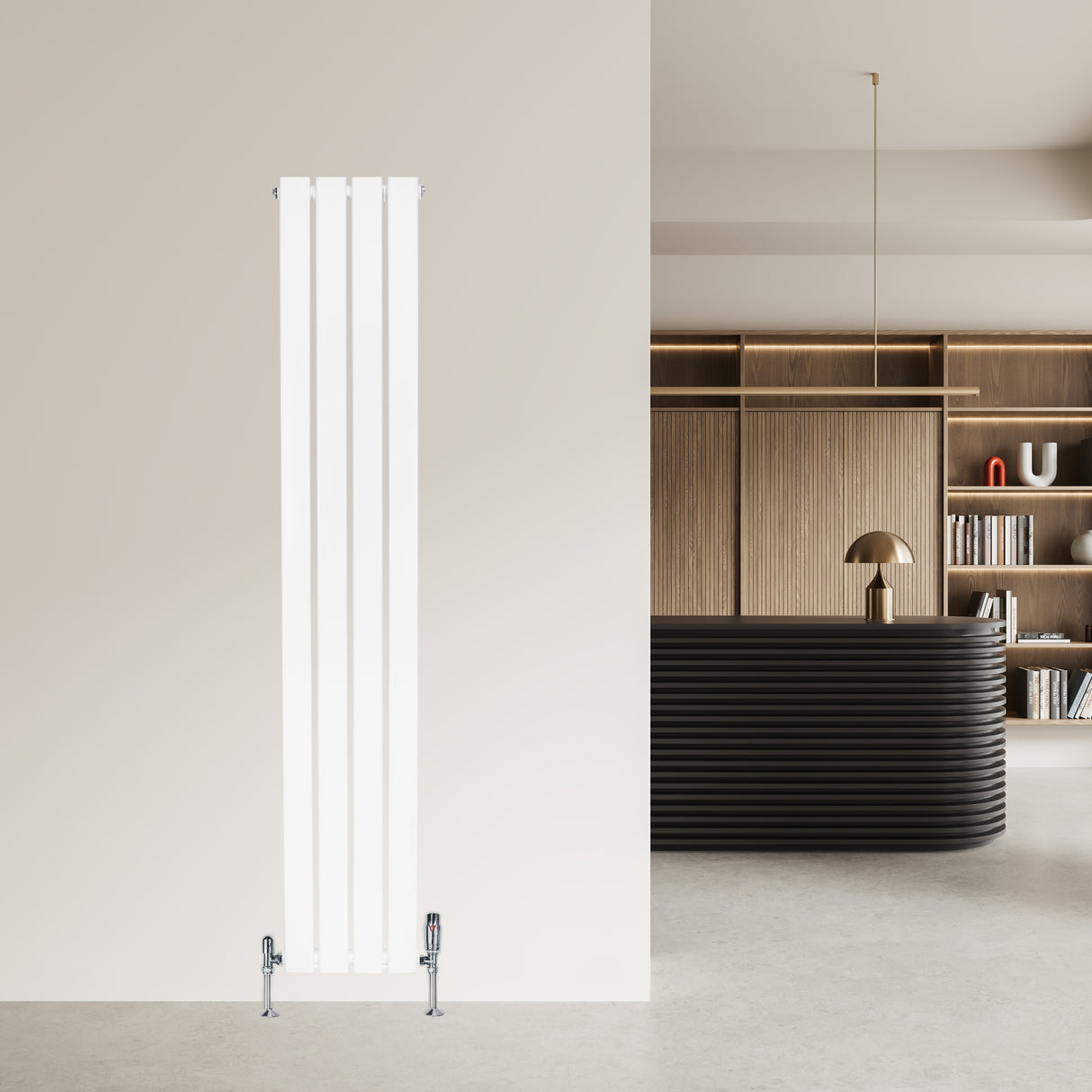 Radiador de coluna única branco, 1600 mm x 280 mm, com design moderno e elegante, instalado em parede clara, ideal para aquecimento