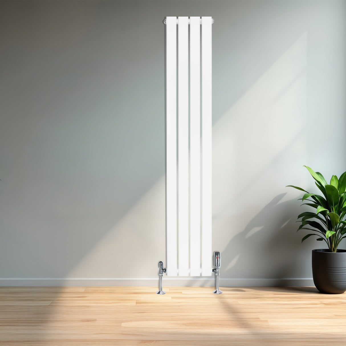 Radiador de coluna única branco, 1600 mm x 280 mm, com design moderno e elegante, instalado em parede clara, ao lado de planta verde