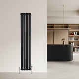 Radiador de coluna única preto, com design vertical elegante, medindo 1600 mm x 280 mm, instalado em parede clara moderna