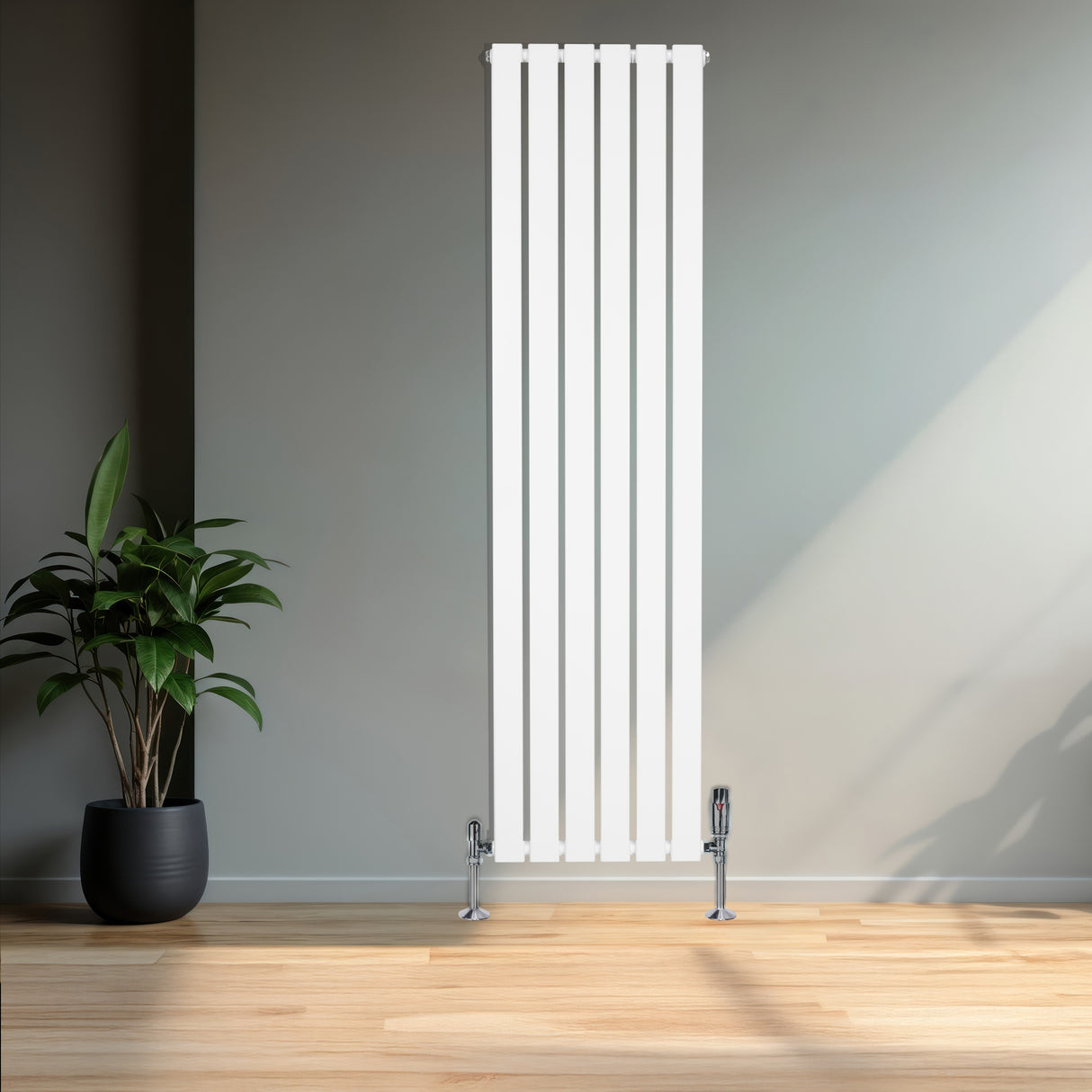 Radiador de coluna única branco, 1600 mm x 420 mm, com design vertical e acabamento liso, instalado em ambiente moderno e iluminado
