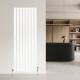 Radiador de coluna única branco, 1600 mm x 560 mm, com design moderno e elegante, instalado em ambiente minimalista e sofisticado