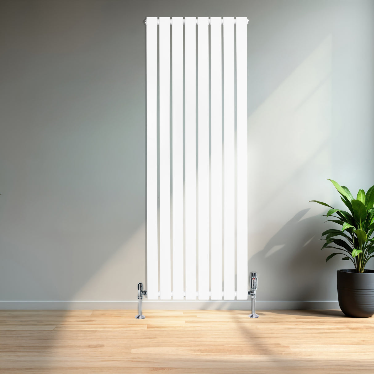 Radiador de coluna única branco, 1600 mm x 560 mm, com design vertical e acabamento liso, posicionado em ambiente moderno e iluminado
