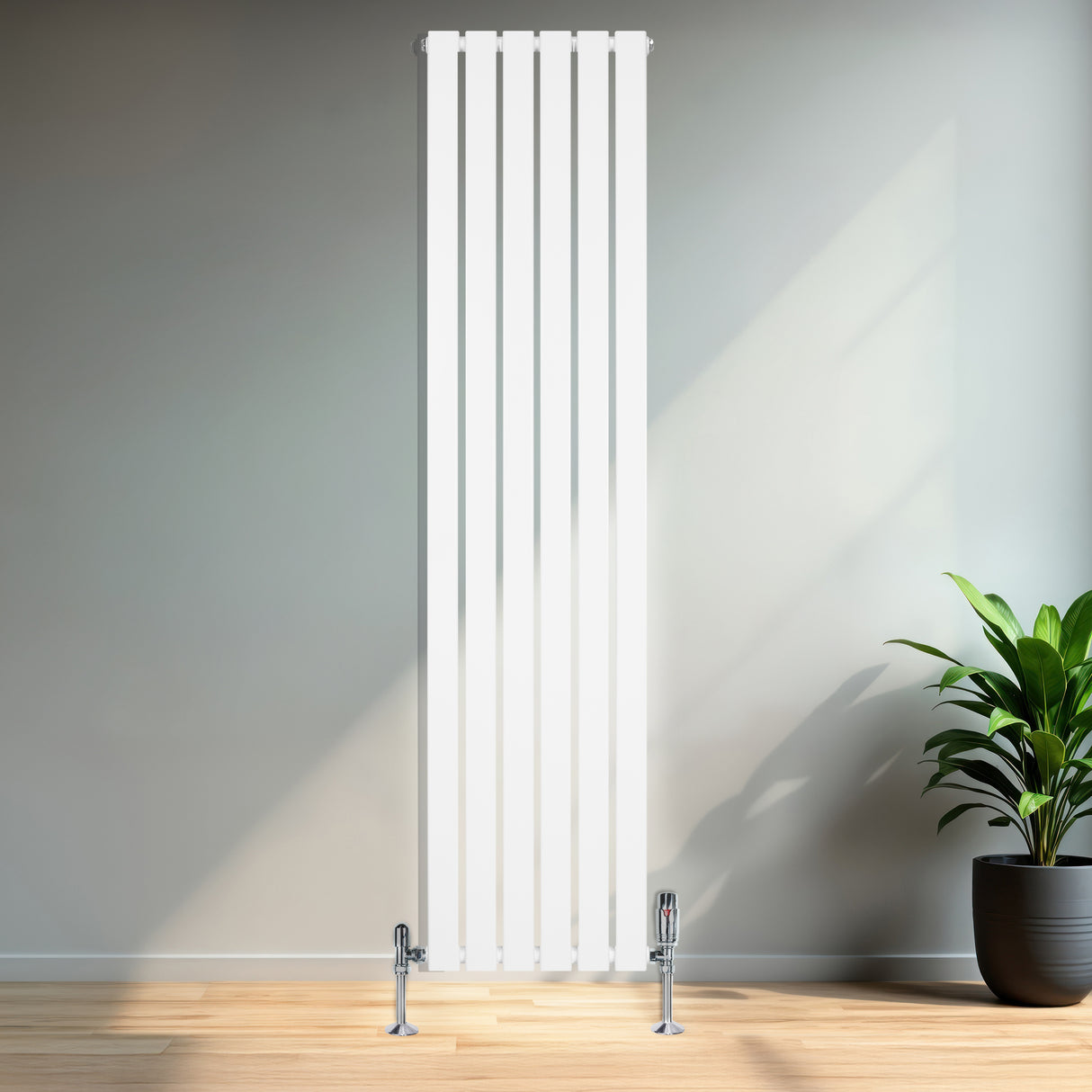 Radiador de coluna única branco, 1800 mm x 420 mm, com design moderno e liso, instalado em parede clara com planta ao fundo