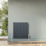 Radiador de coluna simples oval cinza antracite, com acabamento liso e moderno, instalado em uma parede verde clara, em ambiente iluminado