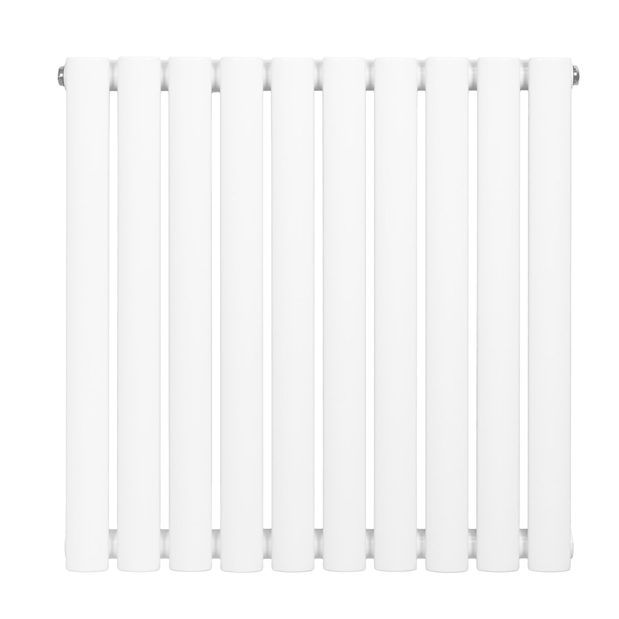 Radiador de coluna simples oval branco, com 600 mm de altura e 600 mm de largura, apresentando um design moderno e liso