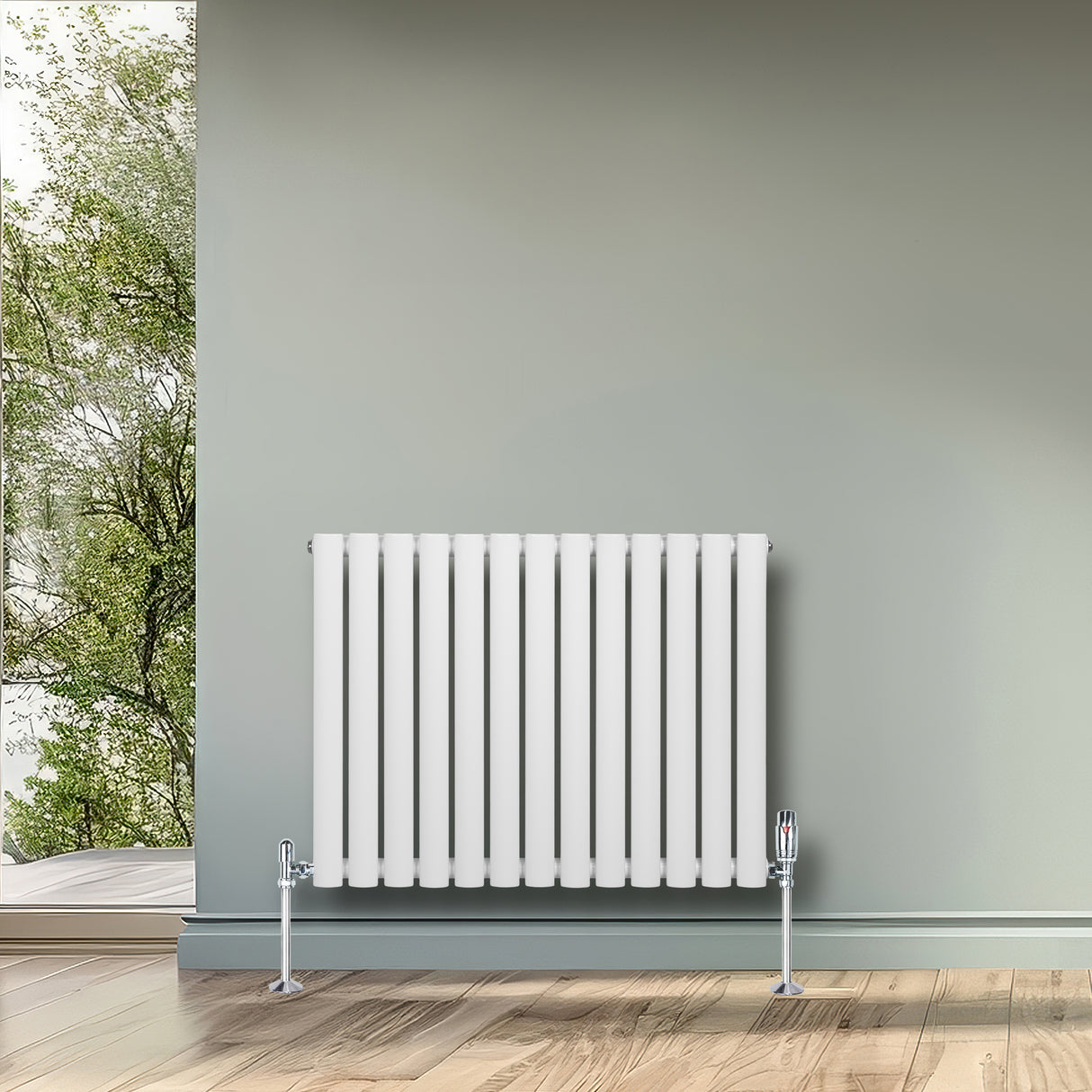 Radiador de coluna oval branco com 600 mm x 780 mm, apresentando um design elegante e moderno, ideal para aquecer ambientes