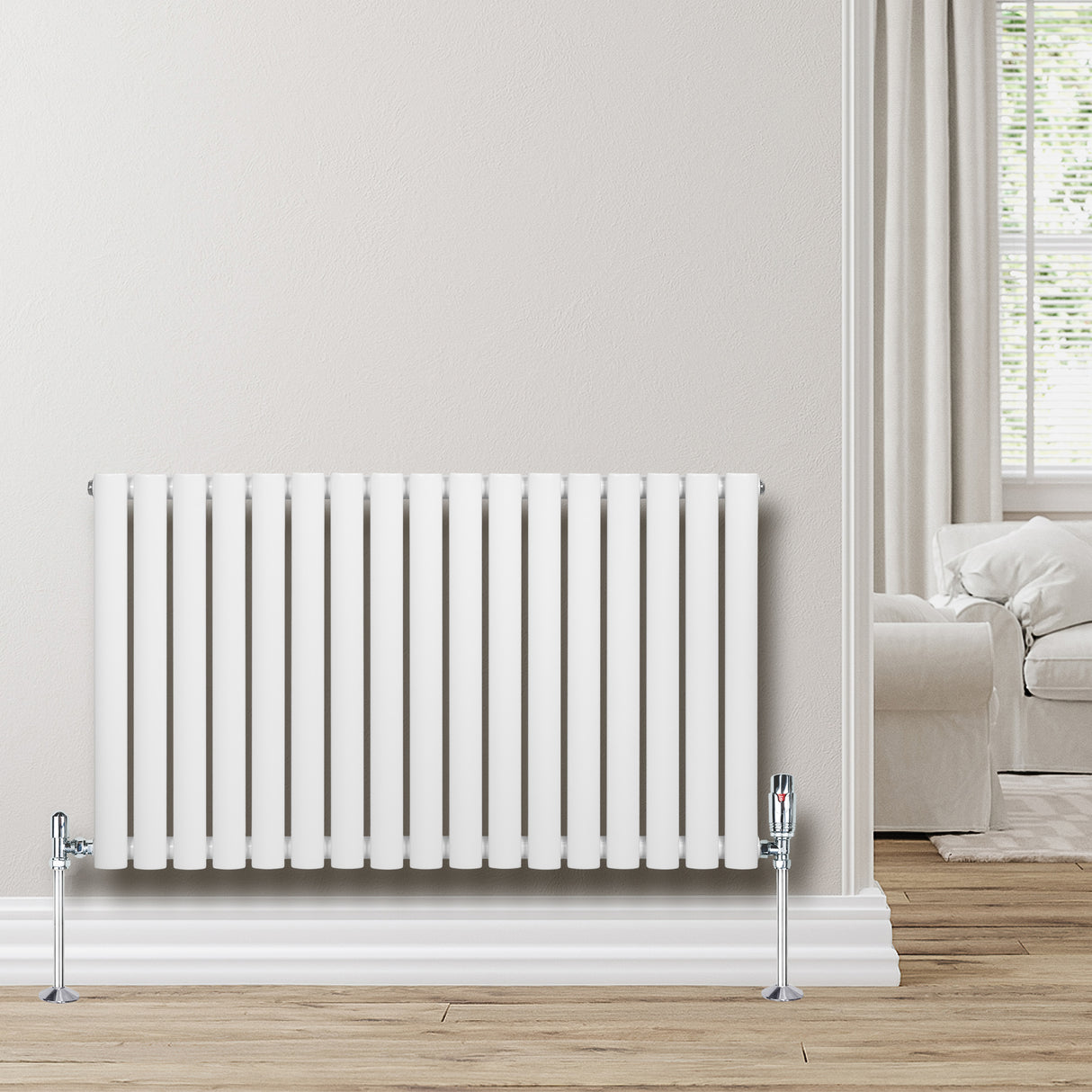 Radiador de coluna simples oval branco, com acabamento liso e moderno, instalado em parede clara, ideal para aquecimento de ambientes