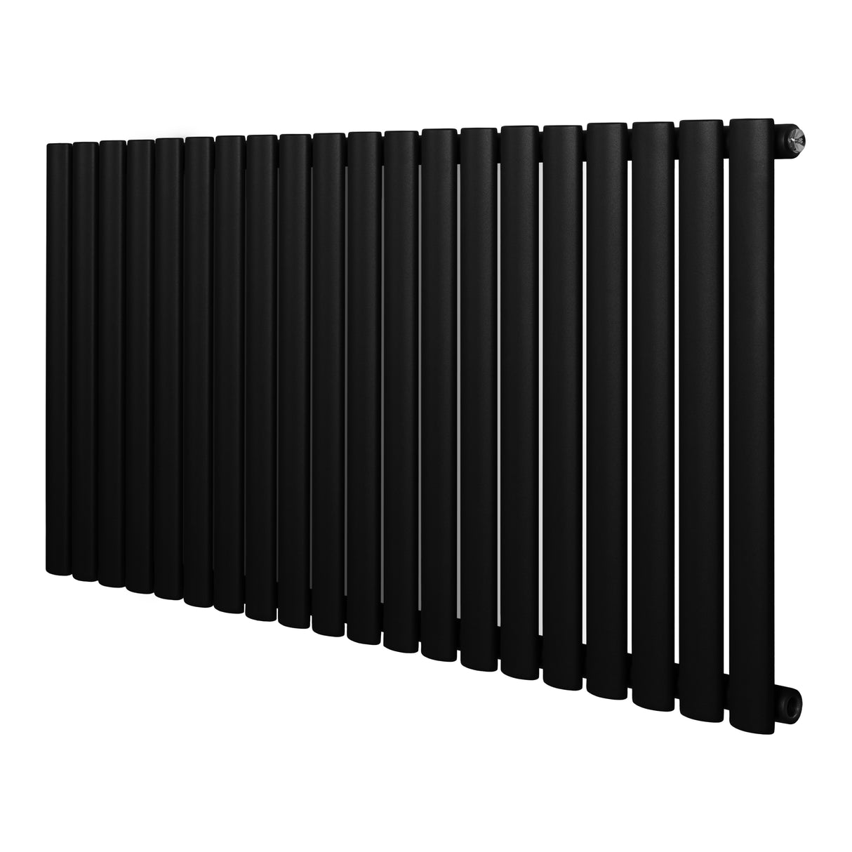 Radiador de coluna simples oval preto, com 600 mm de altura e 1200 mm de largura, apresentando acabamento liso e moderno